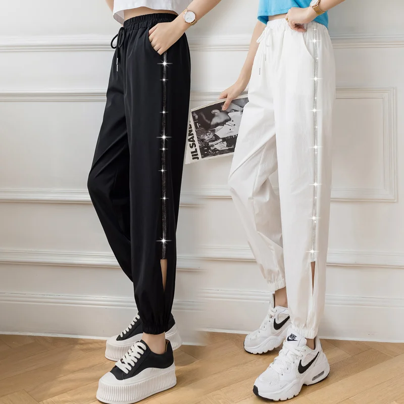 

Women Sports Pants 2021 Summer Stretch Women's Oversize Trousers Casual Suit Pants Women's White Bright Silk Drawstring Leggings