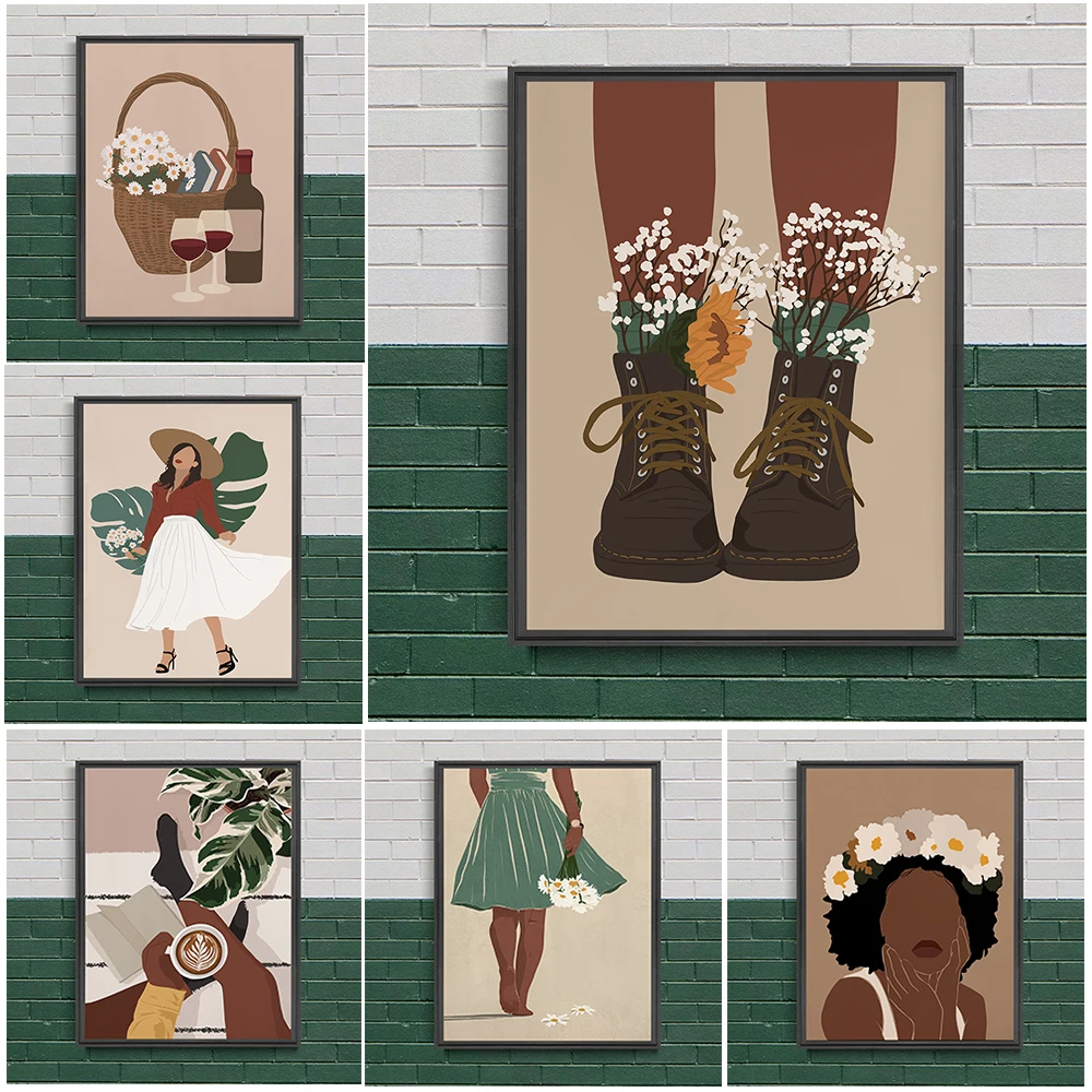 

Black Woman Art,Coffee And Book Love Wall Art Canvas Painting Boho Girl Poster And Prints For Living Room Wall Decor Unframed