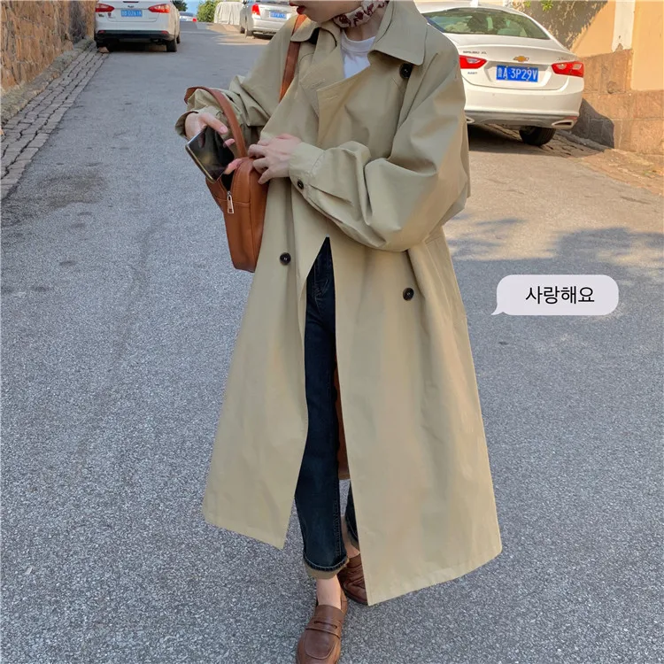 

Fashion Korean Style Loose Women's Chic Trench Coat Double-Breasted Long with Belt Lady Windbreaker Spring Autumn Cloak