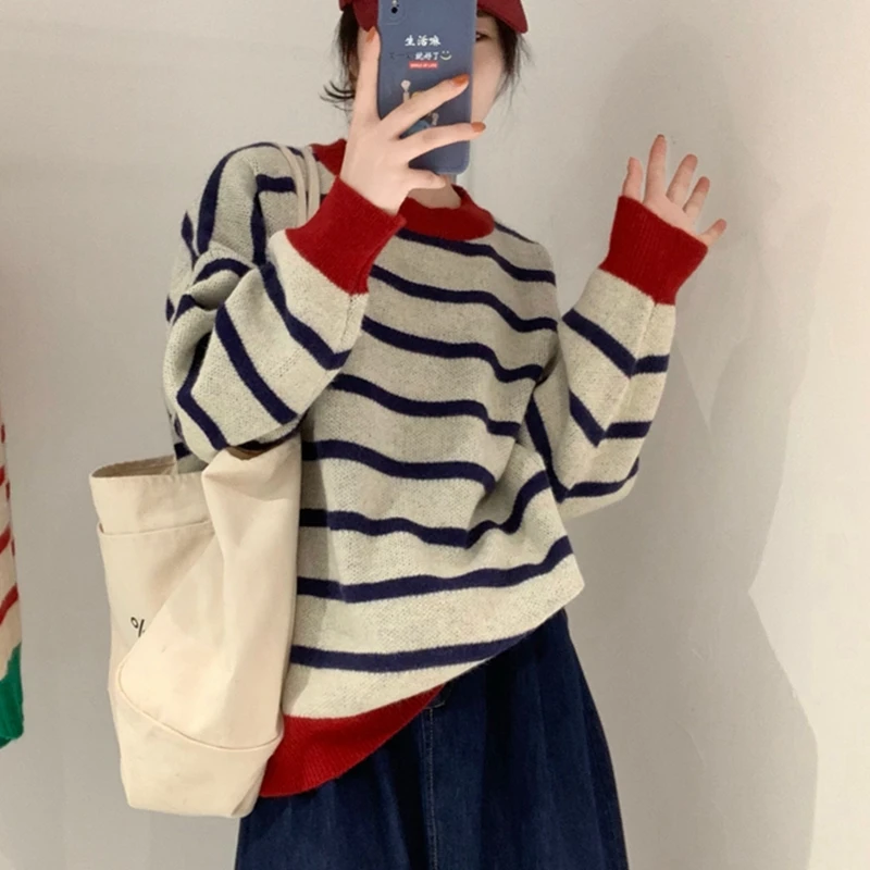 

Autumn New Women'S Pullovers Sweater Fashion Stripe Splicing O-Neck Long Sleeve Knitwear Loose Casual All-Match Streetwear Y2k