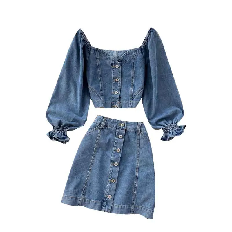 

2021 Girls' Bubble Sleeve Short Top Women's High Waist Breasted Skirt Reducing Denim Suit New Women's Fashion Clothes