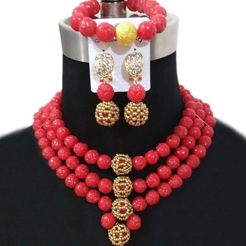 A 4 ujewelry, оригинальное украшение с коралловыми бусинами, наборы, красный 3 чокер с несколькими слоями, женские африканские украшения, нигерийское свадебное ожерелье, набор, Дубай - Окраска металла: A