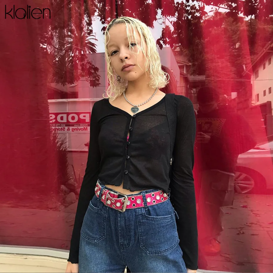 KLALIEN сексуальные футболки с глубоким v-образным вырезом длинный рукав тонкая