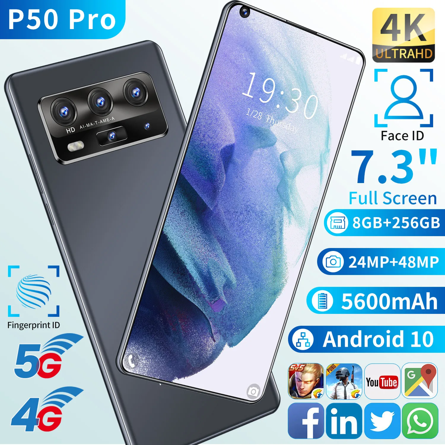 

New Version P50 Pro 5G Smartphone 7.3Inch 8+256GB MTK6889 Ace/Fingerprint Unlock Dual Sim 24+48MP 5600mAh Deca CoreCell Phone