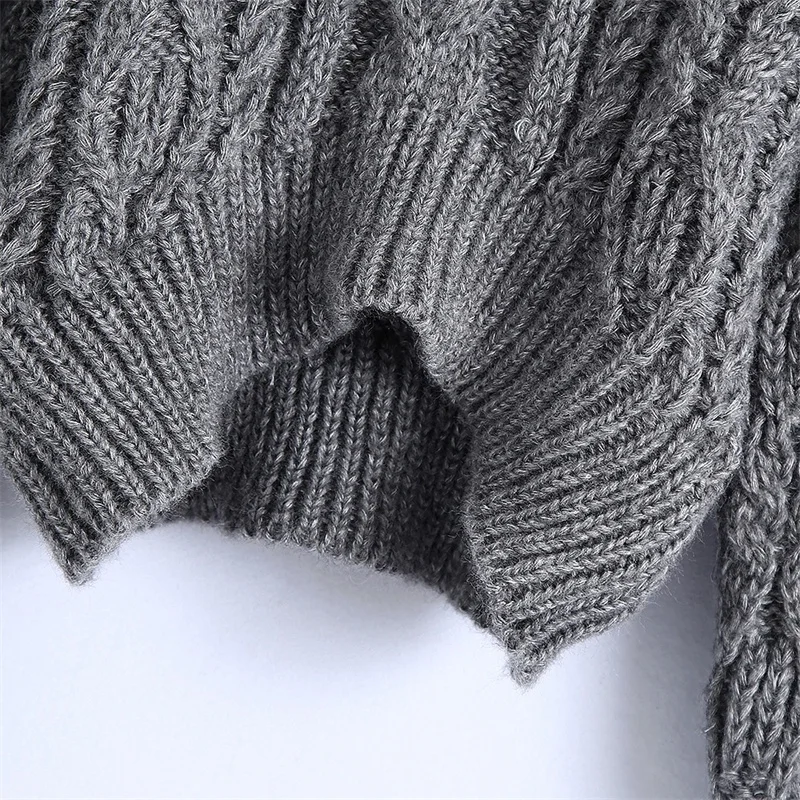 

ZXQJ Women 2020 Fashion Asymmetric Cropped Cable-knit Sweater Vintage High Neck Lantern Sleeve Female Pullovers Chic Tops