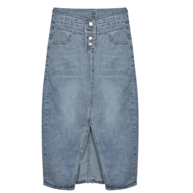 Женская джинсовая юбка с разрезом длинная высокой талией в стиле ретро