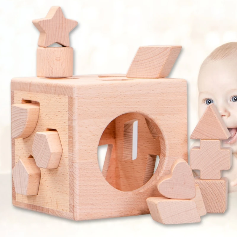 

Kids Wooden Shape Sorter Cube Unpainted Building Block Box Educational Toys Toddler Baby Stacking and Matching Game