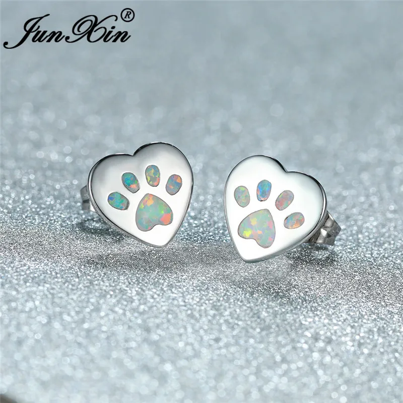 Silver White Opal Сине-белые огненные опаловые серьги-гвоздики в виде животных, медведя, кошки, собаки, лапы для женщин и мужчин, 925 серебро, розовое золото, серьги в виде сердца, свадебные ювелирные изделия, Cz - Окраска металла: Silver White Opal