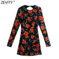 zevity 2022 new women sexy backless floral print slim mini dress female chic long sleeve hem pleats casual party vestidos ds8980