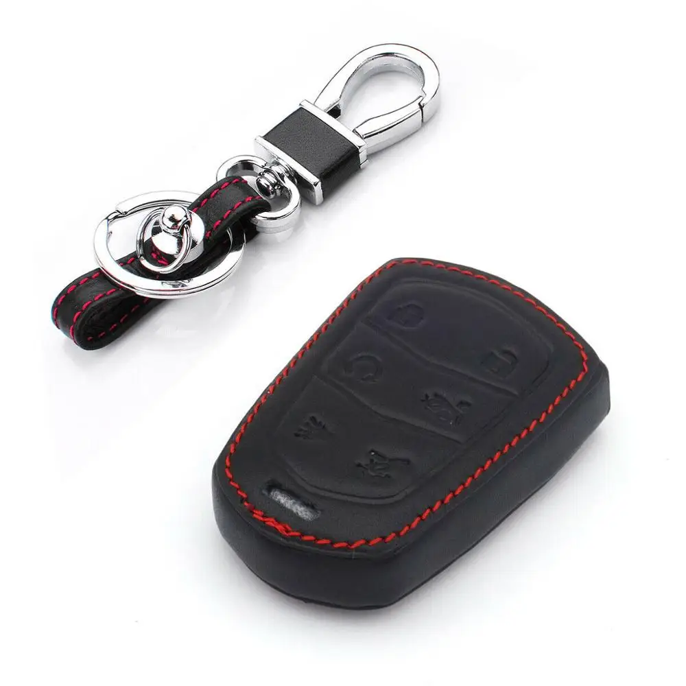 

1Pcs 6 buttons leather car key fob protect case cover key holder with keychain for 2016 2017 Cadillac Escalade ESV