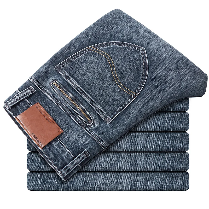 

Men's Classic Business Straight Jeans 2020 Autumn Winter New Casual Elastic Denim Pants Male Brand Trousers Black Blue gray