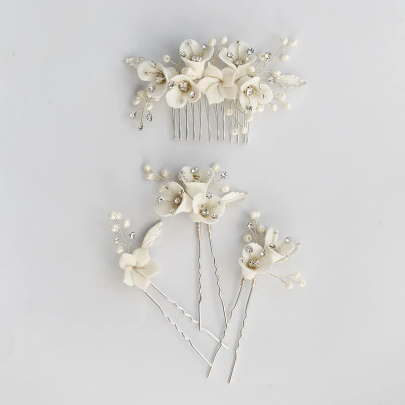 

SLBRIDAL Handmade Rhinestone Pearls Ceram Flower Bridal Hair Comb Hair Pin Set Wedding Headpieces Women Jewelry Hair Accessories