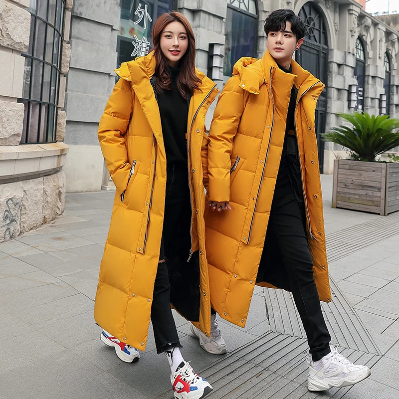 

2019 Fashion New Men and Women Couple Down Jacket Thick Section Winter Warm Hooded Jacket White Duck Down Solid Color Coat
