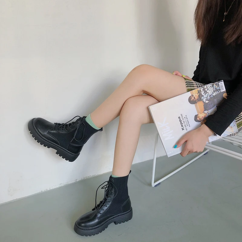 Женские ботинки сезон осень Новинка обувь на толстой подошве с круглым носком