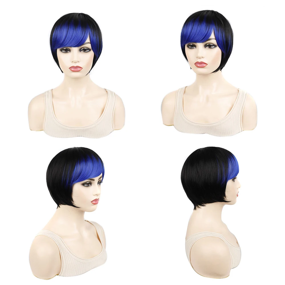 

Synthetic Wig Short Straight Hair Blunt Cut Wigs with Colorful Bangs for Women Cosplay Party Heat Resistant Fiber