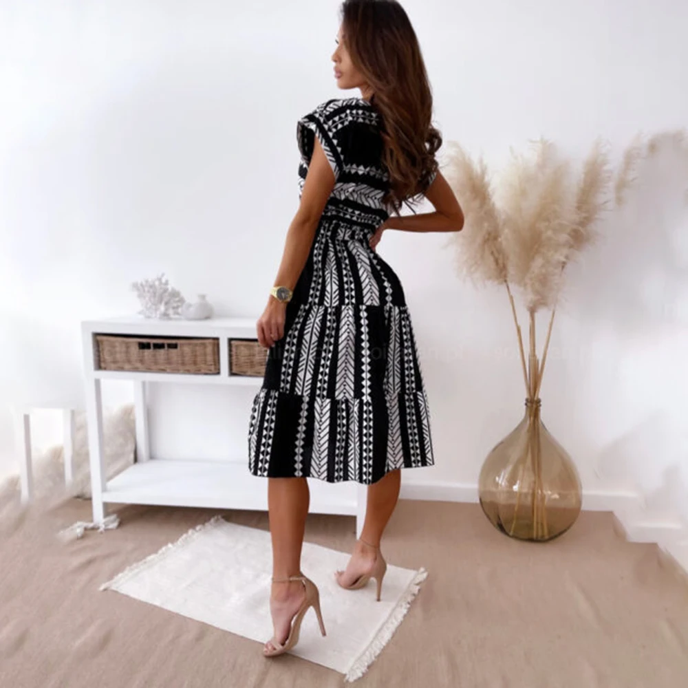 

Women Elegant Short Sleeve Irregularly Print Midi Dress Summer Ruffle Stitching A-Line Lace-up Ladies Dresses For Women 2021Robe