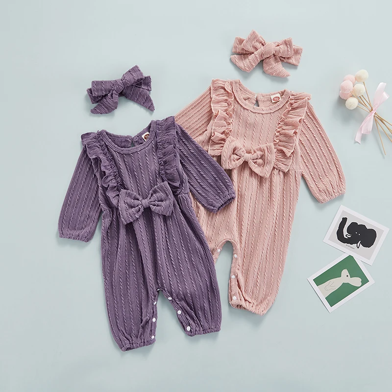 

Bmnmsl Baby Romper with Hairband Solid Color O-Neck Long Sleeve Ruffle Jumpsuit+ Headwear Outfits Set