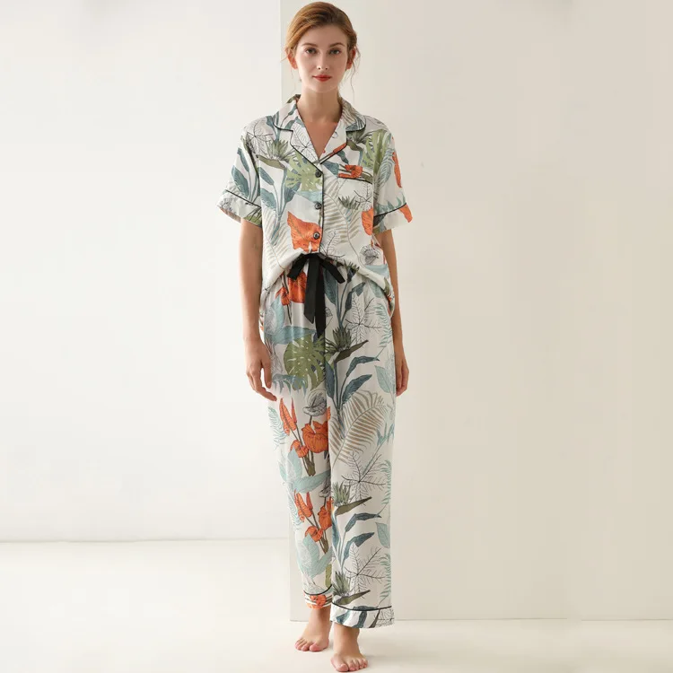 Autumn New Printing Fashion Pajama Suit Woman Satin Short Sleeve Trousers Loose Pyjamas