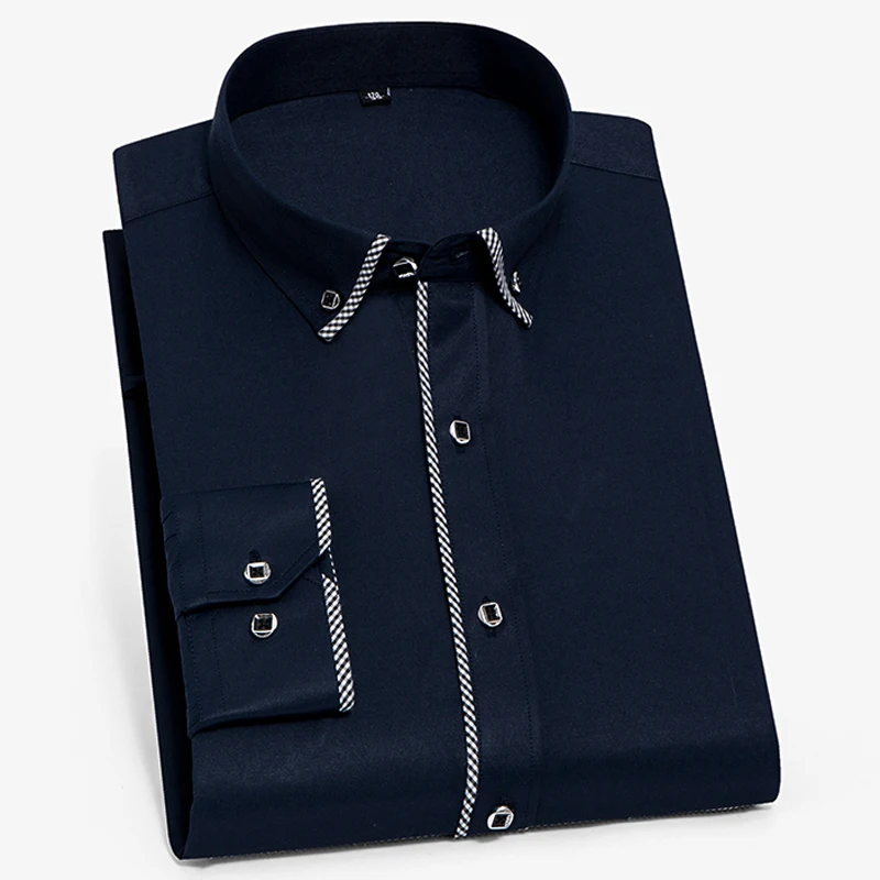 

Men's Long Sleeve Shirt Contrast Collar with Checkered Piping on Placket and Cuffs Pocket-less Design Casual Standard-fit Shirts