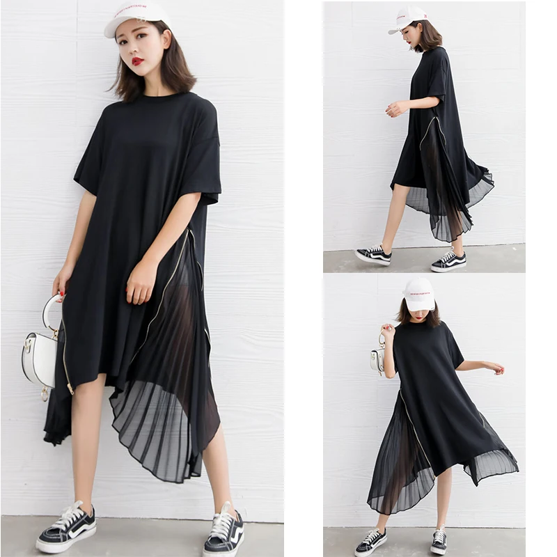 

Spring and Summer New Style Chiffon Large Size Dress Loose Mid-length Irregular Dress Fashion Pleated Dress