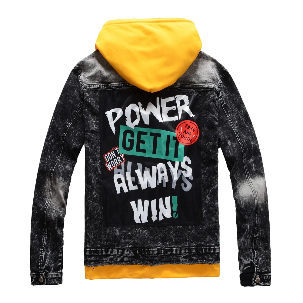 Мужская рваная джинсовая куртка с капюшоном и надписью| |