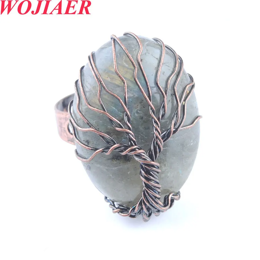 

WOJIAER One Piece Vintage Rings for Women Natural Stone Oval Labradoirte Bead Wire Wrapped Tree of Life Adjustable Ring PO9107