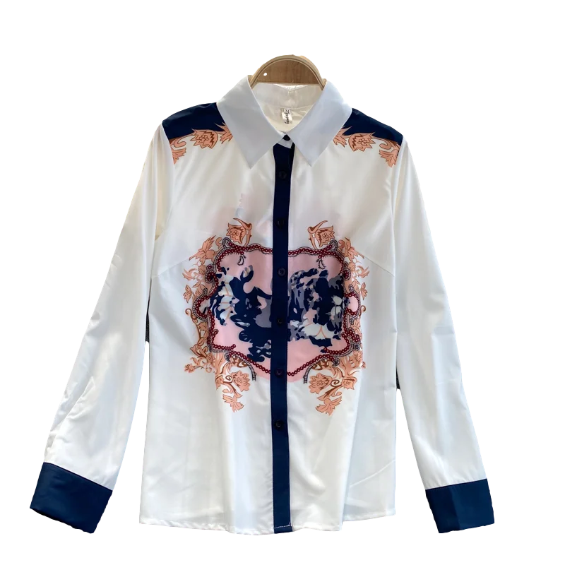 

Spring Autumn New Temperament Bohemian Retro Printed Shirt Female Lapel Loose and Thin All-match Top UK767