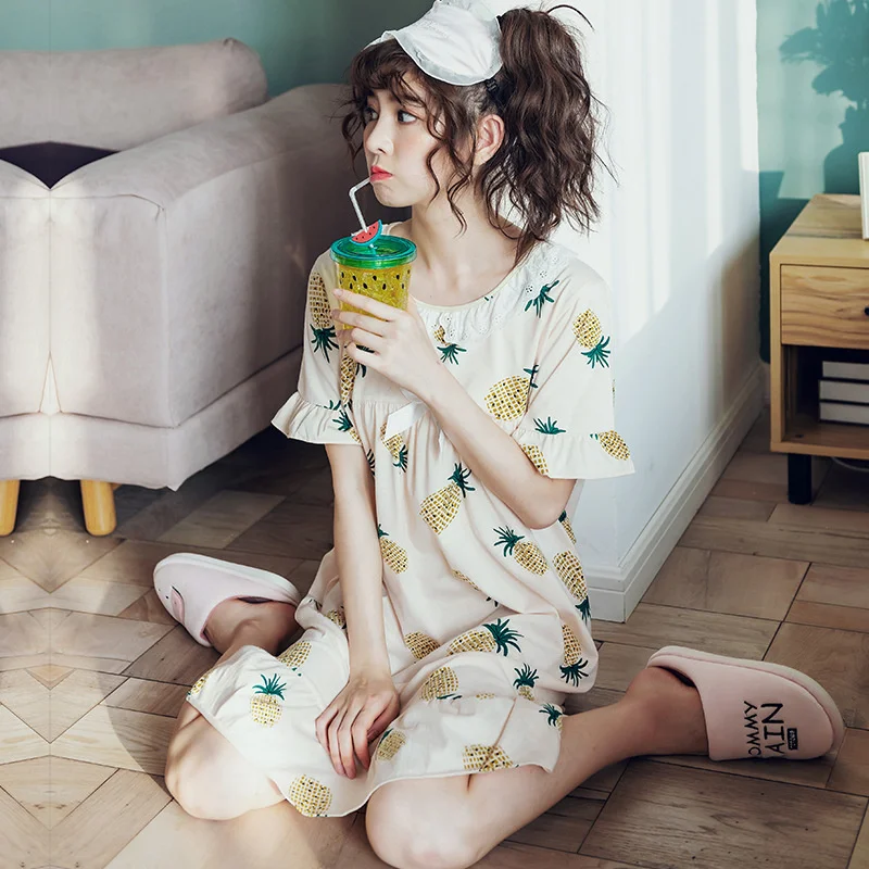 

Cute Cartoon Girl Short Sleeve Nightdress Girl Summer Loose Pure Cotton Sweet Princess Style Thin Pajamas Home Clothes For Women