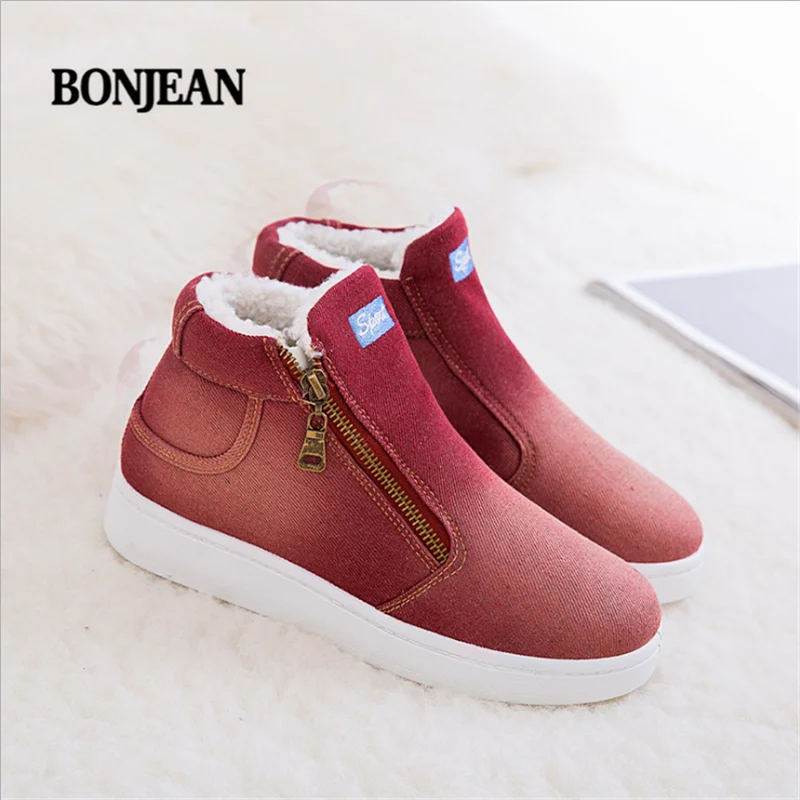 Теплые зимние ботинки BONJEAN женские джинсовые с флисовой подкладкой на плоской