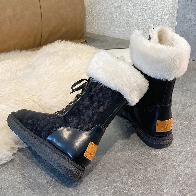 

2021 Women Boots Winter New Fashion Brand Plush Snow Boots Lady Shoes Female Brand Warm Black Shoes Fur Black Boots Cross-tied