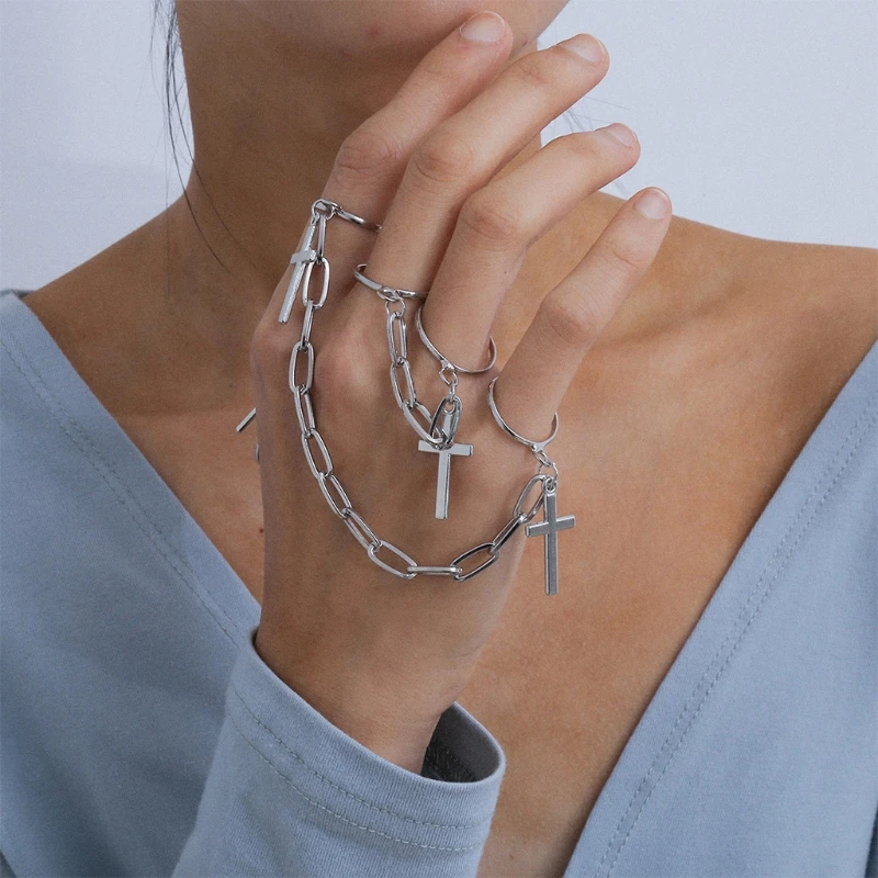 

3 Pcs/Set Punk Cross Knuckle Rings with Link Chain Tassel Finger Ring for Women Men Teens Girls Jewelry Gifts