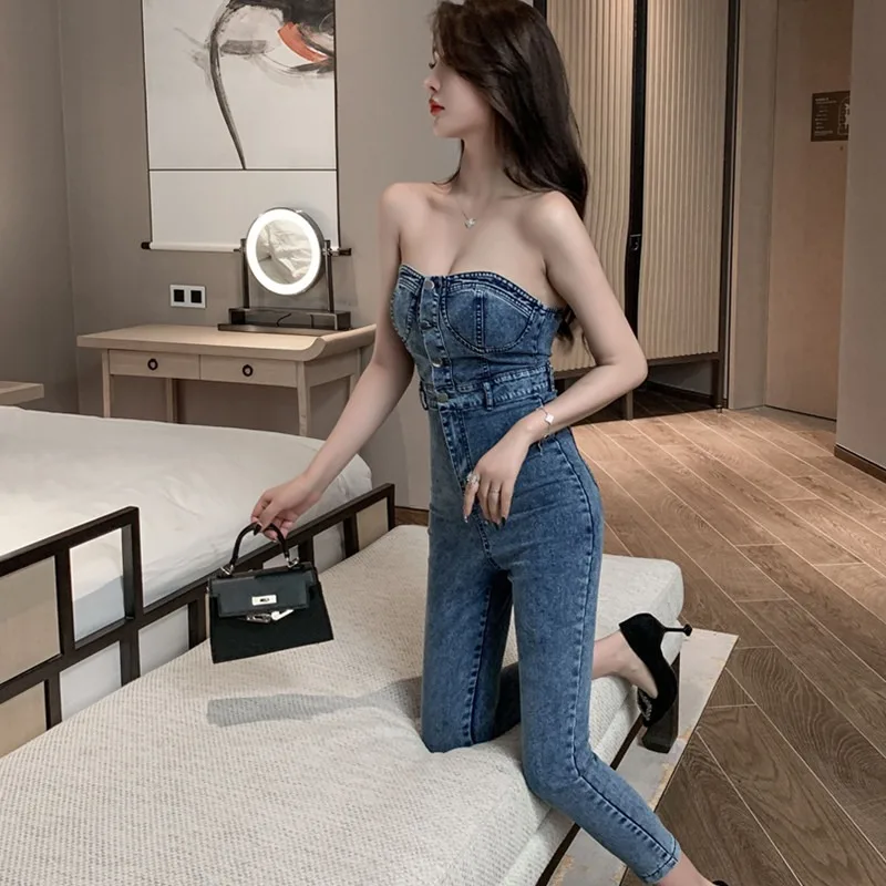 Женский джинсовый комбинезон без бретелек Длинный Облегающий с высокой талией и