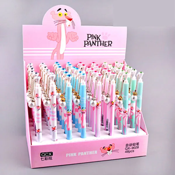 

48 pcs/lot Pink Panther Pearl Pendant Mechanical Pencil Cute Drawing Writing Automatic Pen School Office Supplies