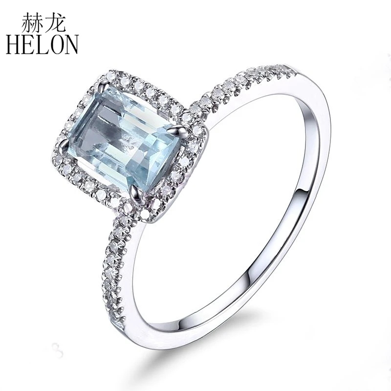 HELON Solid 14K белое золото AU585 изумруд огранка 1ct Натуральный аквамарин бриллианты обручальные драгоценные камни для женщин ювелирные украшения кольцо