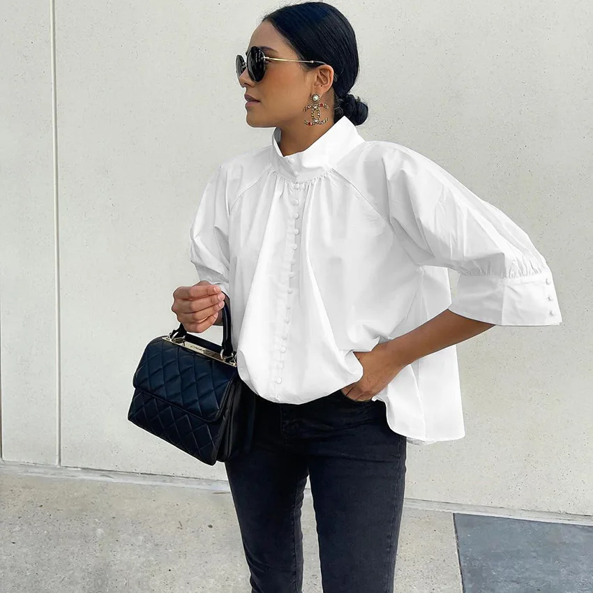 

LEXIE ZHANG New Fashion Elegant White Loose Stand Collar Raglan Sleeve Shirt Spring Summer Women's Sleeve Design Shirt