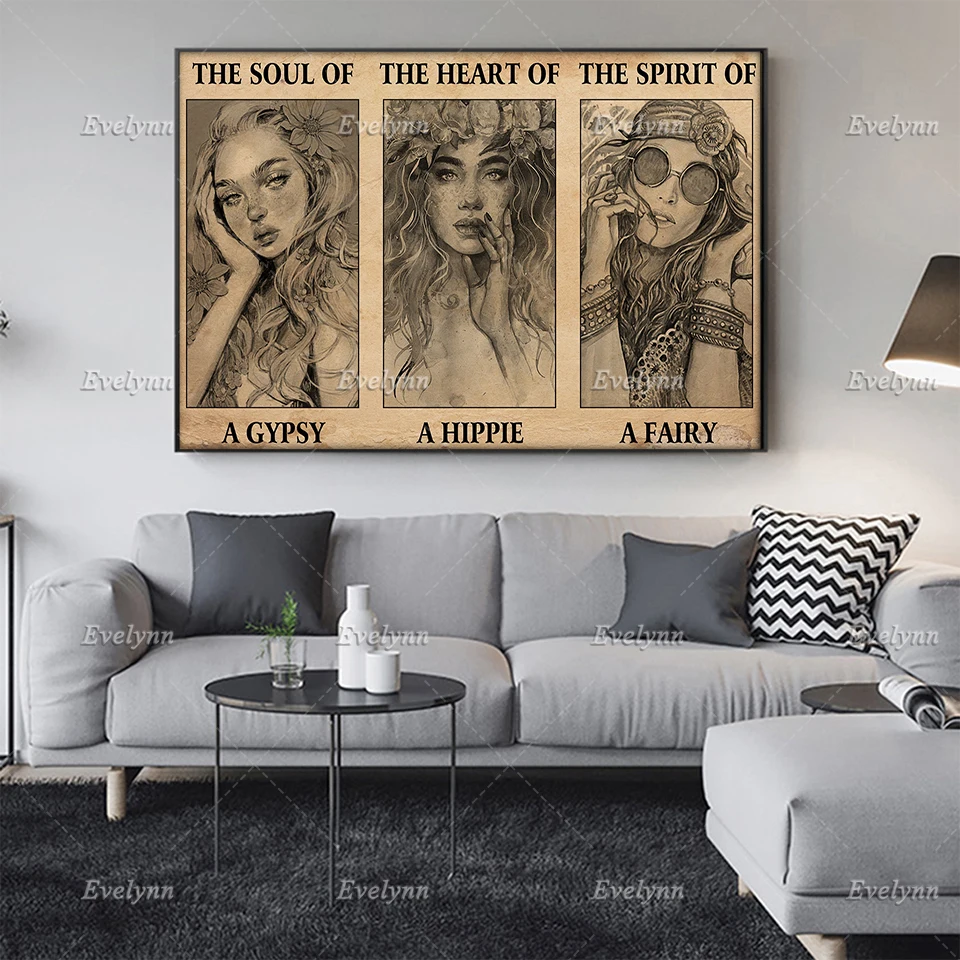 

Hippie Girl Poster The Soul Of A Gypsy The Heart Of A Hippie The Spirit Of A Fairy Wall Prints Home Decor Canvas Floating Frame
