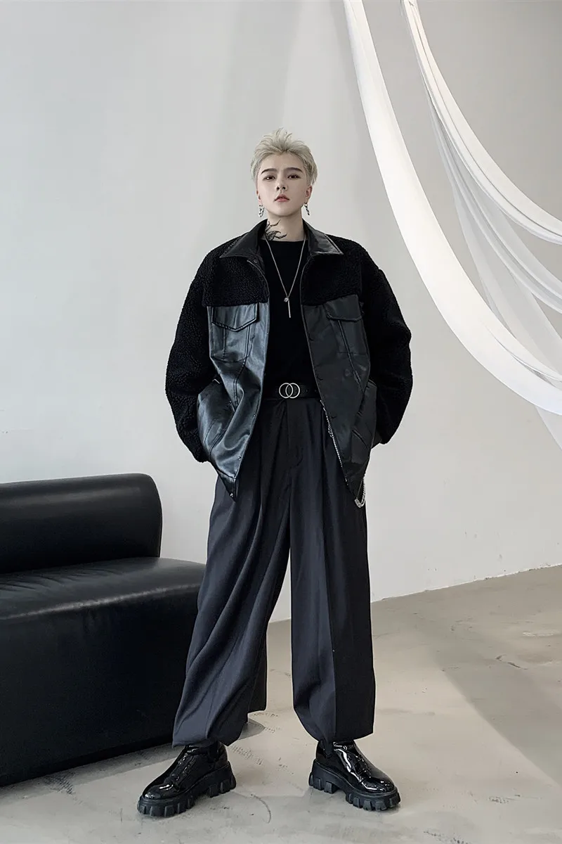 

2019 Autumn And Winter New Style Homemade Lamb Wool Stitching Pu Jacket Fashion Casual Loose Thick Warm Jacket Black M-XL