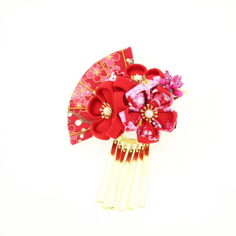 Японский головной убор tsuami Kanzashi розовый красный с кисточками Кура цветок веер
