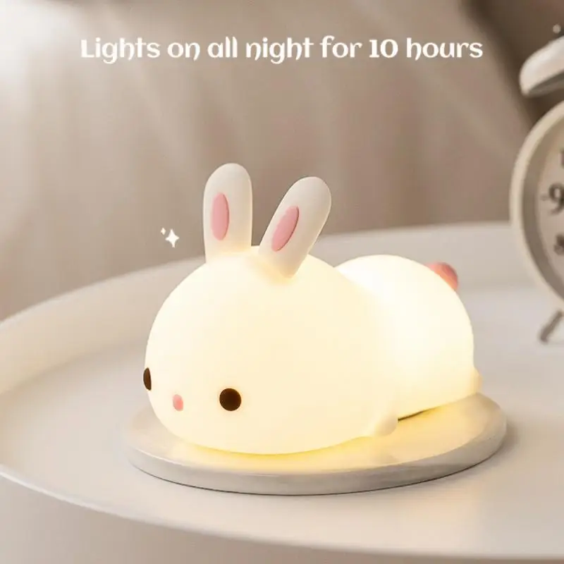 

USB Rechargeable LED Night Light Rabbit Pat Lights Silicone Dimmable Animal Bunny Bedside Table Lamp Bedroom Decor With Remote