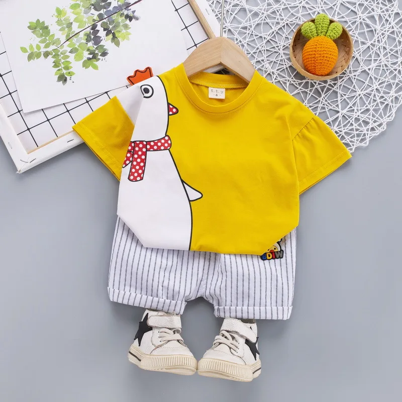

2021 Summer Toddler Boy Clothes Set Cartoon Animal Children Girl Clothes Short-sleeved Cotton Tshirt+Striped Shorts Baby Clothes