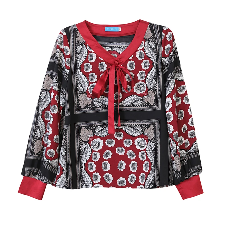 

NIJIUDING Vintage Bow-neck Floral Print Women's Shirts Vintage Loose Long Sleeve Lace Up Chiffon Women Blouses 2020 Autumn Tops