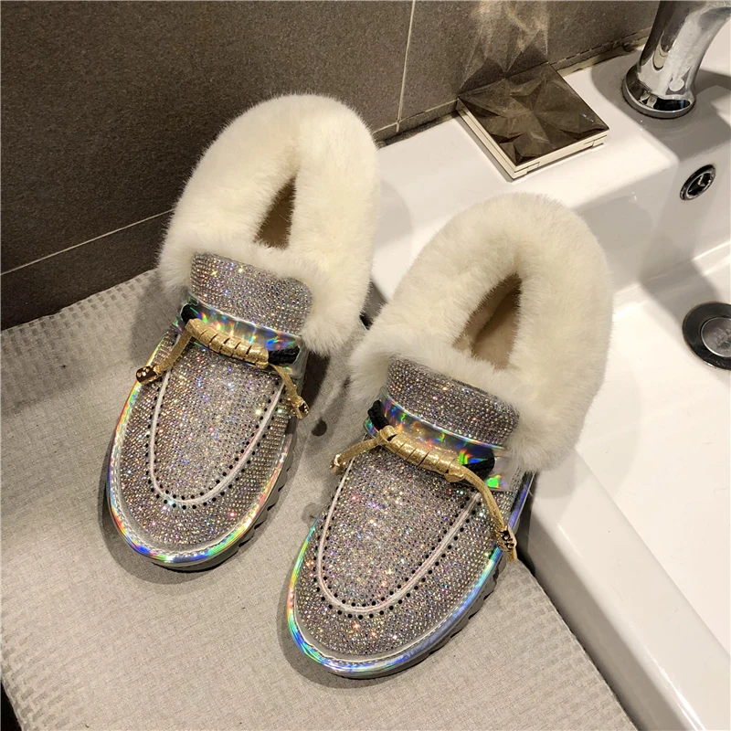 Lucyever/модные женские зимние ботинки с кристаллами женская зимняя обувь хлопковой