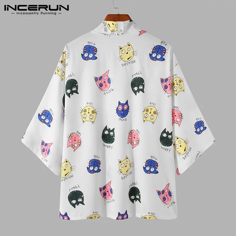 

INCERUN Men Printed Casual Shirt Kimono Japanese Loose Open Stitch 3/4 Sleeve Tops Mens Outerwear Streetwear Loose Camisas S-3XL