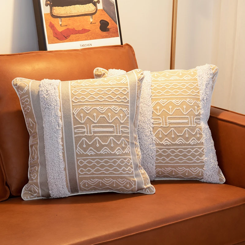 

Light Luxury Beige Cushion Cover Handmade Tufted Embroidery Moroccan Style Home Decoration Living Room Sofa 45x45cm Pillowcase