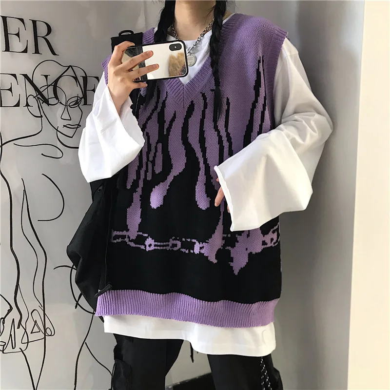 

Sweater Vest Women V-neck Flame Jacquard Casual Sleeveless Sweaters Teens Chic Fashion Spring Autumn Loose Pullover Harajuku