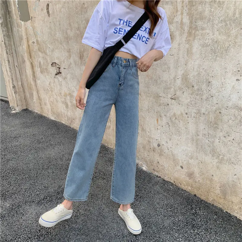 Джинсы женские свободные универсальные на молнии прямые синие стильные брюки из