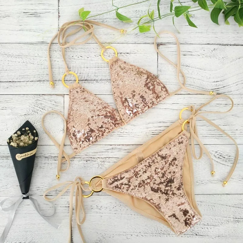 

New Sexy Bikinis Sequins Golden Color Women Bandage Bikini Set Push-up Padded Bra Swimsuit Suit Swimwear