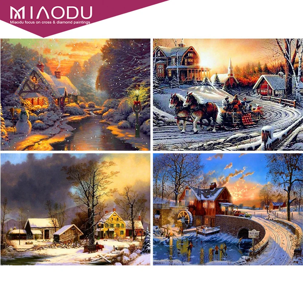 

Miaodu 5D DIY Diamond Embroidery House Full Square Drill Diamond Painting Winter Mosaic Landscape Home Decoration