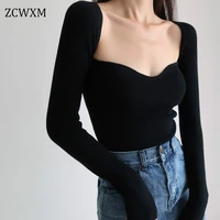 autumn knitted sweaters women low cut v neck cropped sexy bottoming slim fit pullovers women 2021 solid knitwear female jumper