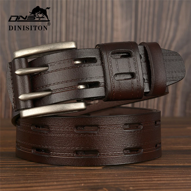 DINISITON Men's Real Cowhide Belt Luxury Brand Men Leather Unique design Double-row Pin Buckle Belts Fashion Male Waistband